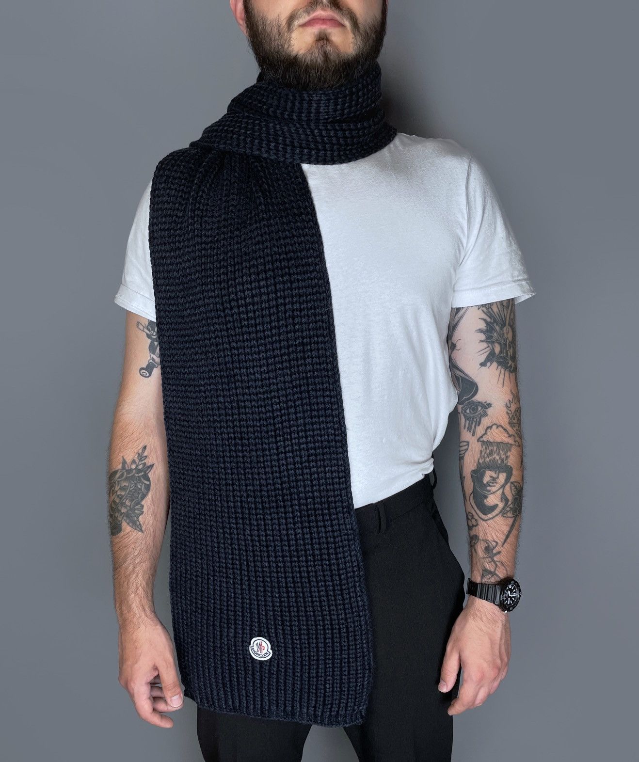 Moncler Moncler 100% Wool Double Side Cable Knit Logo Scarf Neckwear Size ONE SIZE - 6 Thumbnail