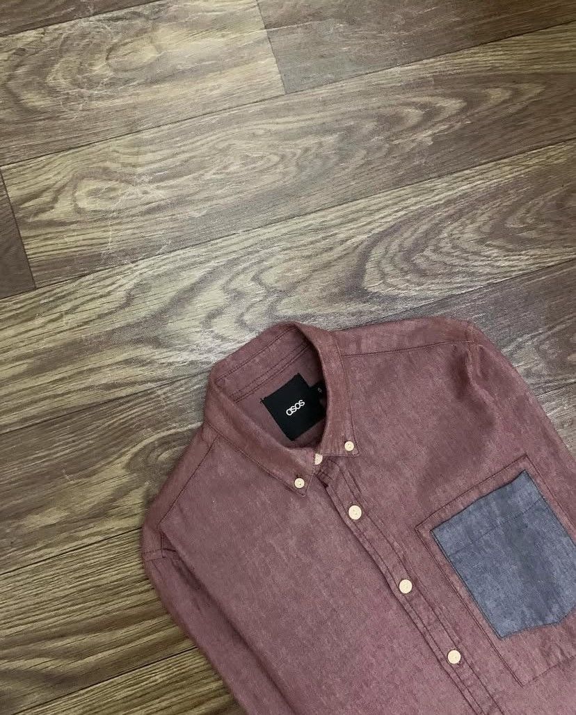 Asos Mens Shirt ASOS Cotton Chambray Burgundy Long Sleeve Size US S / EU 44-46 / 1 - 3 Thumbnail