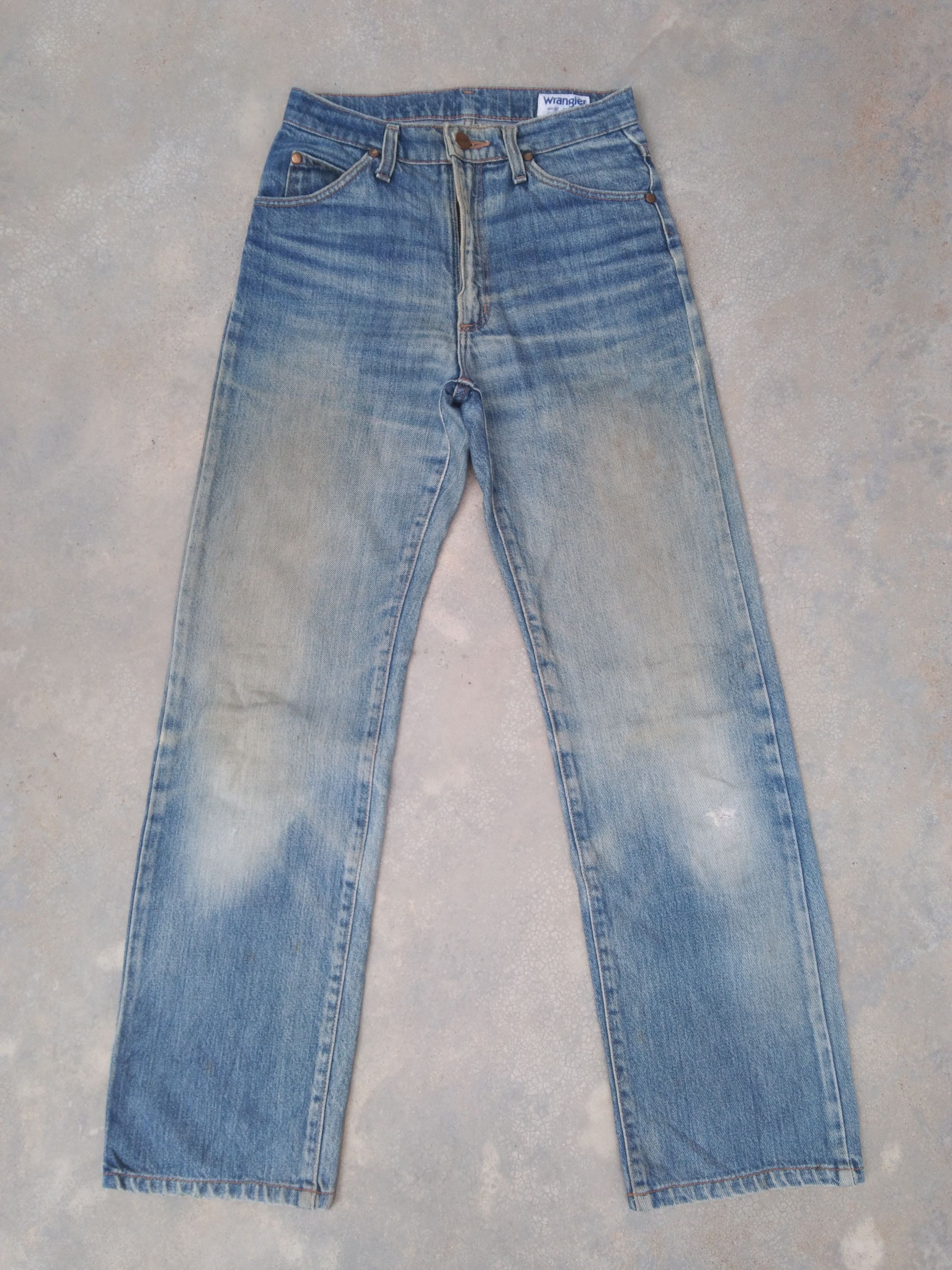 image of Rusty Wash Wrangler Distressed Jeans 26X29 in Blue, Men's