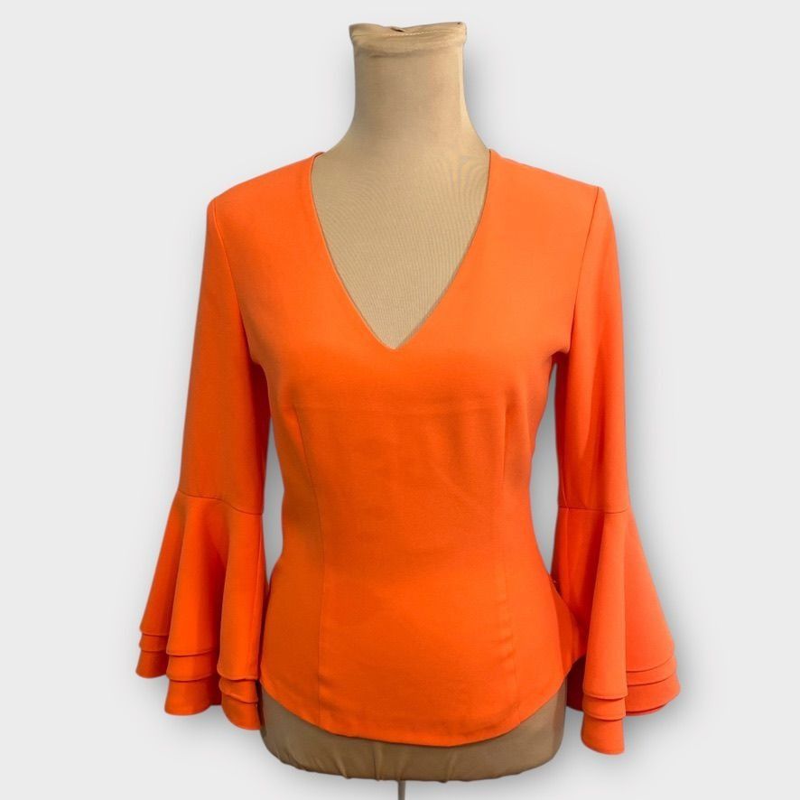 Bebe Bebe Y2K Orange Tiered Bell Sleeve Blouse XS V Neck 2000s EU Size XS / US 0-2 / IT 36-38 - 2 Thumbnail