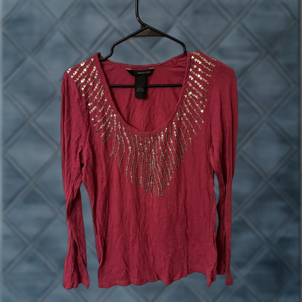 Calvin Klein Calvin Klein Jeans Shirt Women L Red Sequin Long Sleeve Scoop Neck Size L / US 10 / IT 46 - 1 Thumbnail