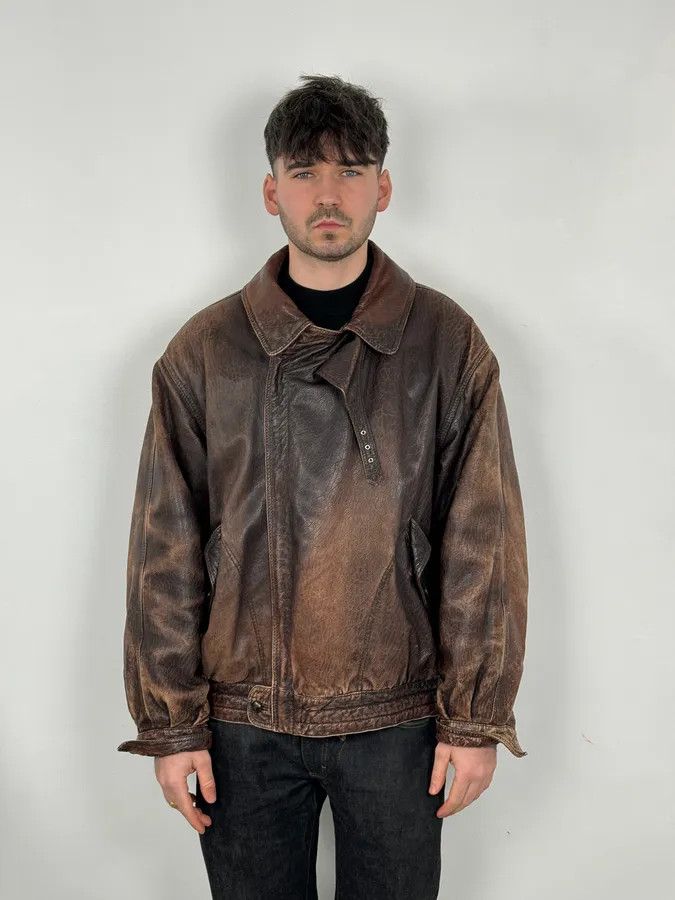 Vintage 2000s Archive Brown Naval Eroded Leather Jacket Size US L / EU 52-54 / 3 - 2 Thumbnail