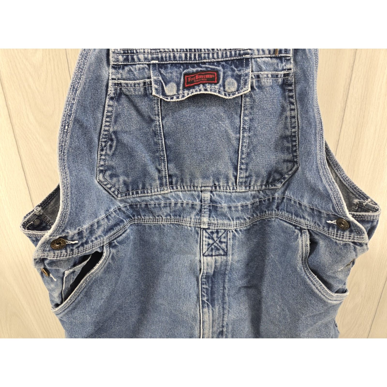 Denime Five Brother Bib Overalls Men Denim Workwear 42x29 Blue Jeans Retro 90s Mens Size US 42 / EU 58 - 4 Thumbnail