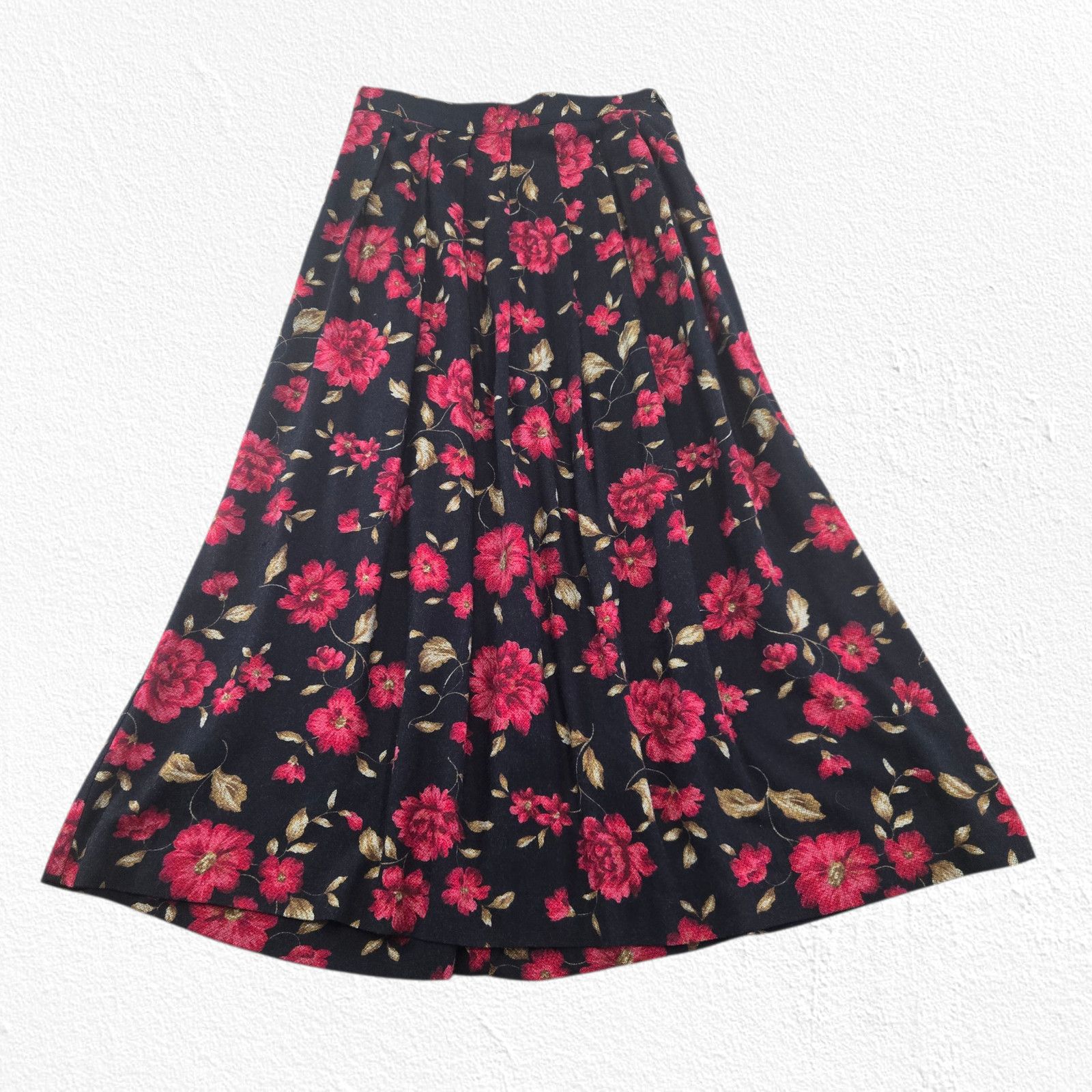 Worthington Vintage Black Red Floral Rayon Midi Skirt Size 10P USA Made Size 32" / US 10 / IT 46 - 2 Thumbnail