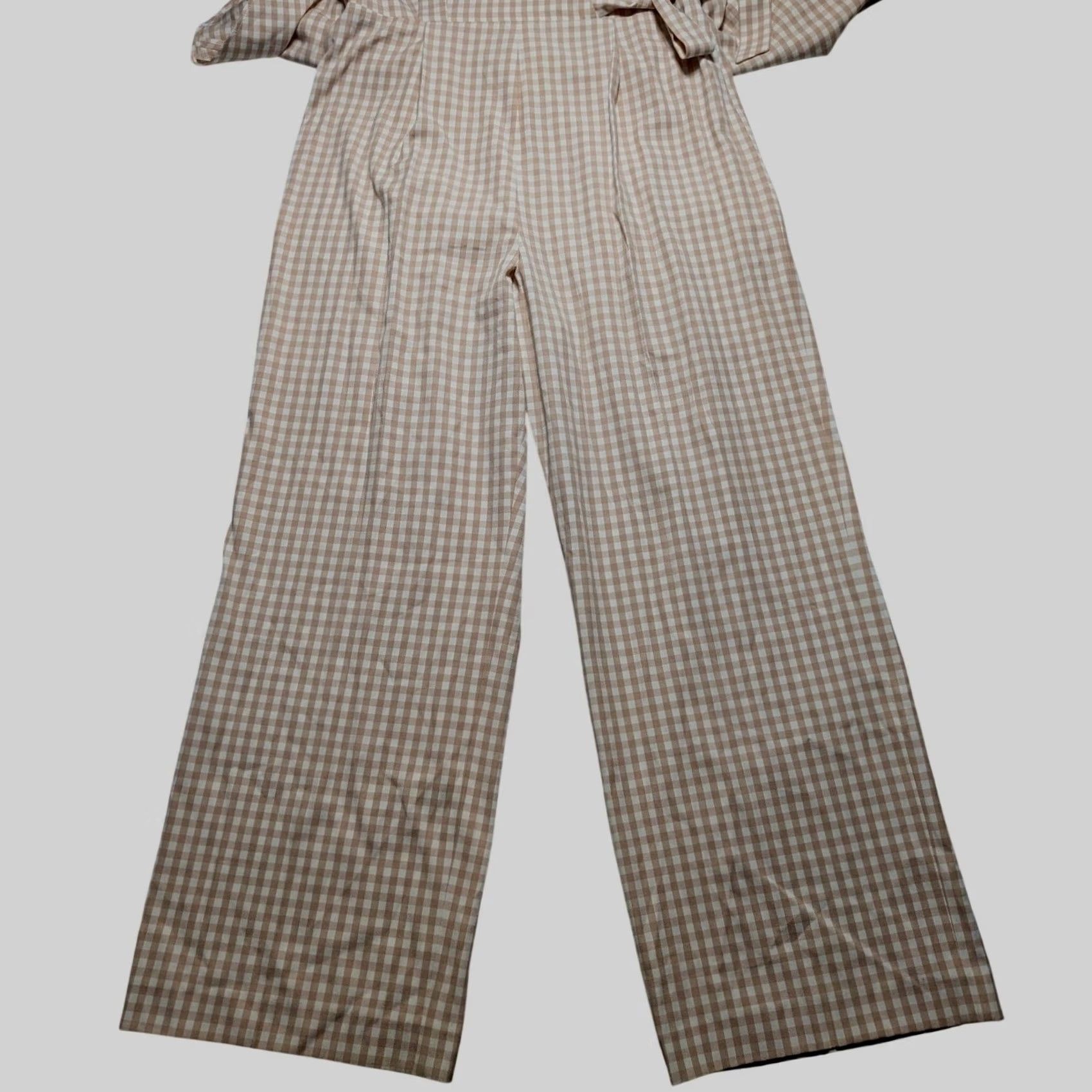 Vintage Alex Marie Jumpsuit Gingham Wide-Leg Women 16 Beige Flutter Sleeve V-Neck Belted Tie Inseam 30in Short Sleeve Vintage? No Size 38" / US 16 / IT 52 - 4 Thumbnail