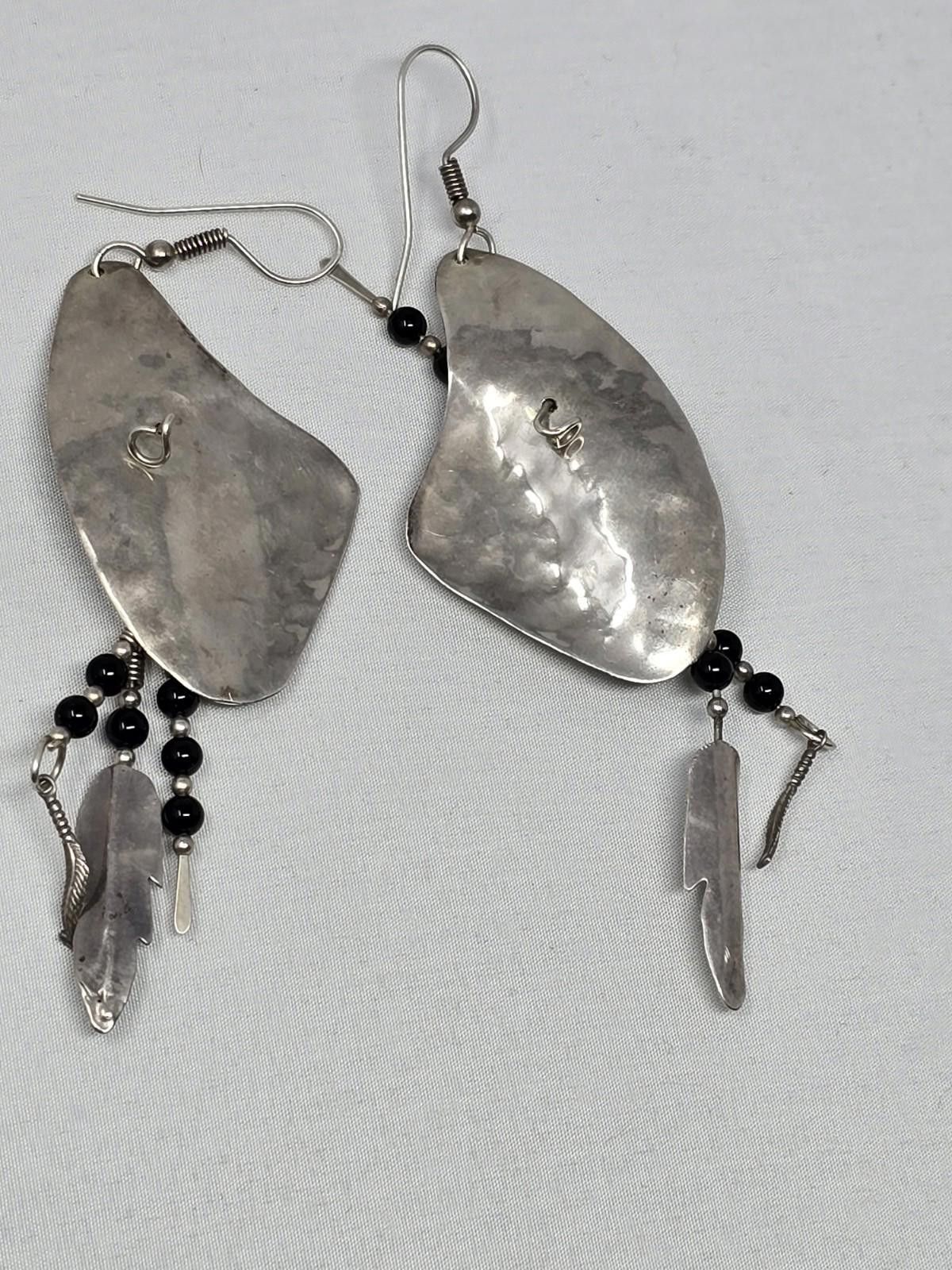 Native Handmade Sterling Silver Feather Dangle Earrings- HEAVY Size ONE SIZE - 1 Thumbnail