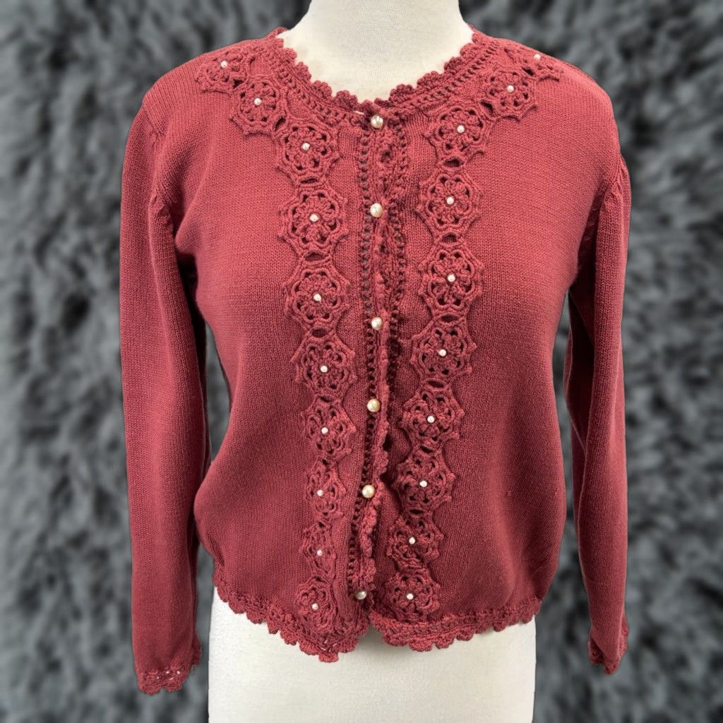 Vintage VINTAGE Petite Sophisticate Cardigan Sweater S Womens Pink Crochet Pearl Buttons Granny Size S / US 4 / IT 40 - 1 Thumbnail