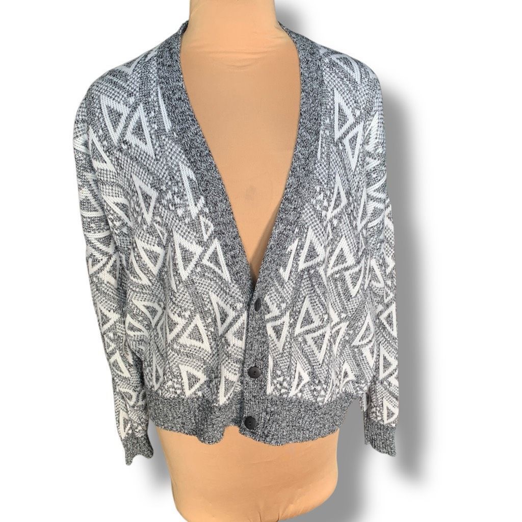 Vintage Vintage 80s Geometric Knit Cardigan Black White Oversized Vn Size US L / EU 52-54 / 3 - 1 Thumbnail