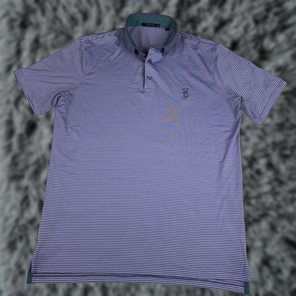 Vintage VINTAGE GREYSON Polo M Purple Striped w/Wolf & CC Golf Logo Shirt Mens Medium Purple Striped Polo Size US M / EU 48-50 / 2 - 1 Thumbnail