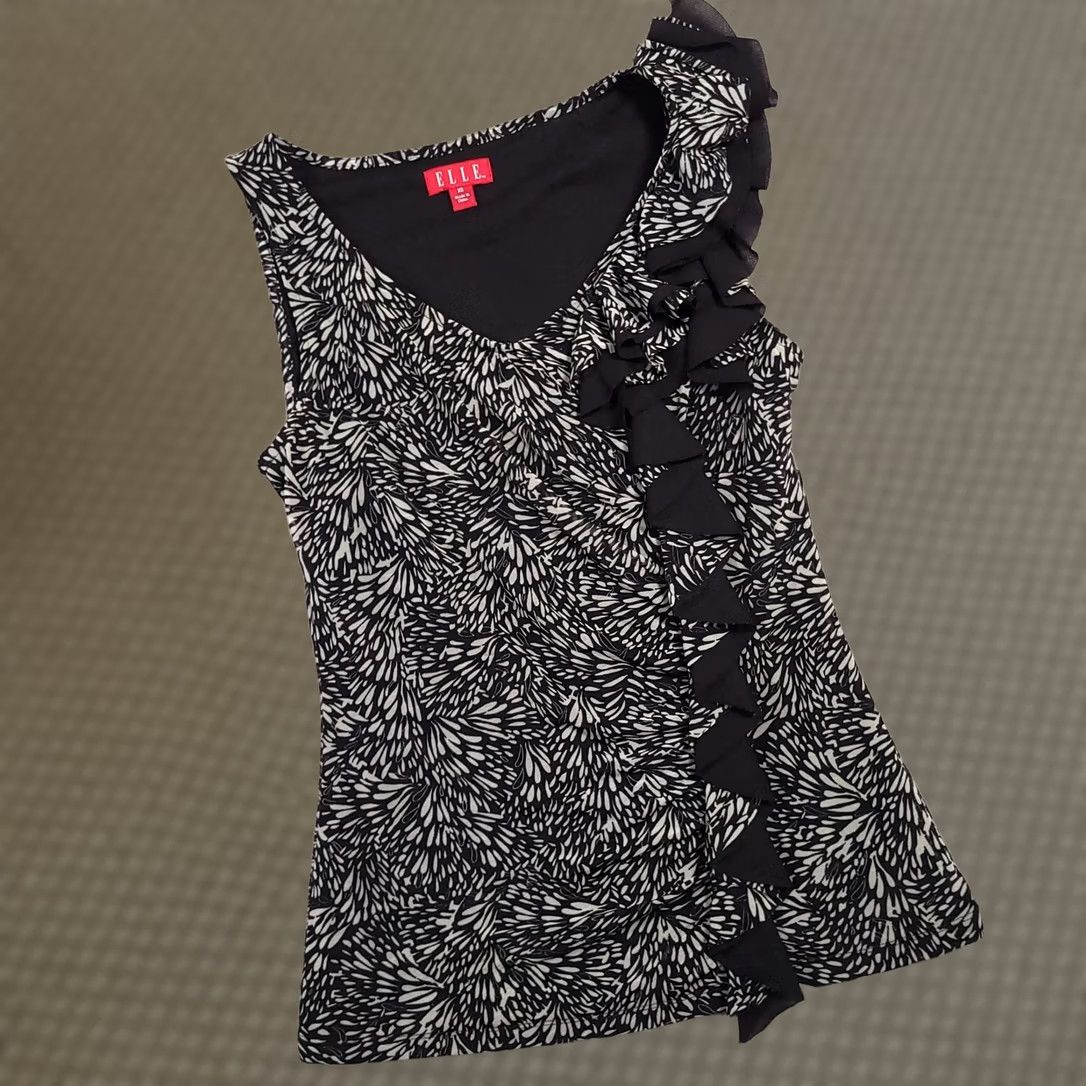 Vintage ELLE Dress Womens XS Gray Dressy Work Tank Blouse Ruffle Women Black Geometric Print Lined Size XS / US 0-2 / IT 36-38 - 1 Thumbnail