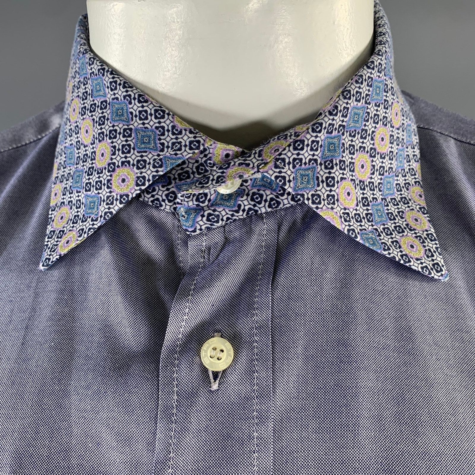 Etro ETRO XL Blue Yellow Geometric Pointed Collar L/S Shirt Size US XL / EU 56 / 4 - 2 Thumbnail