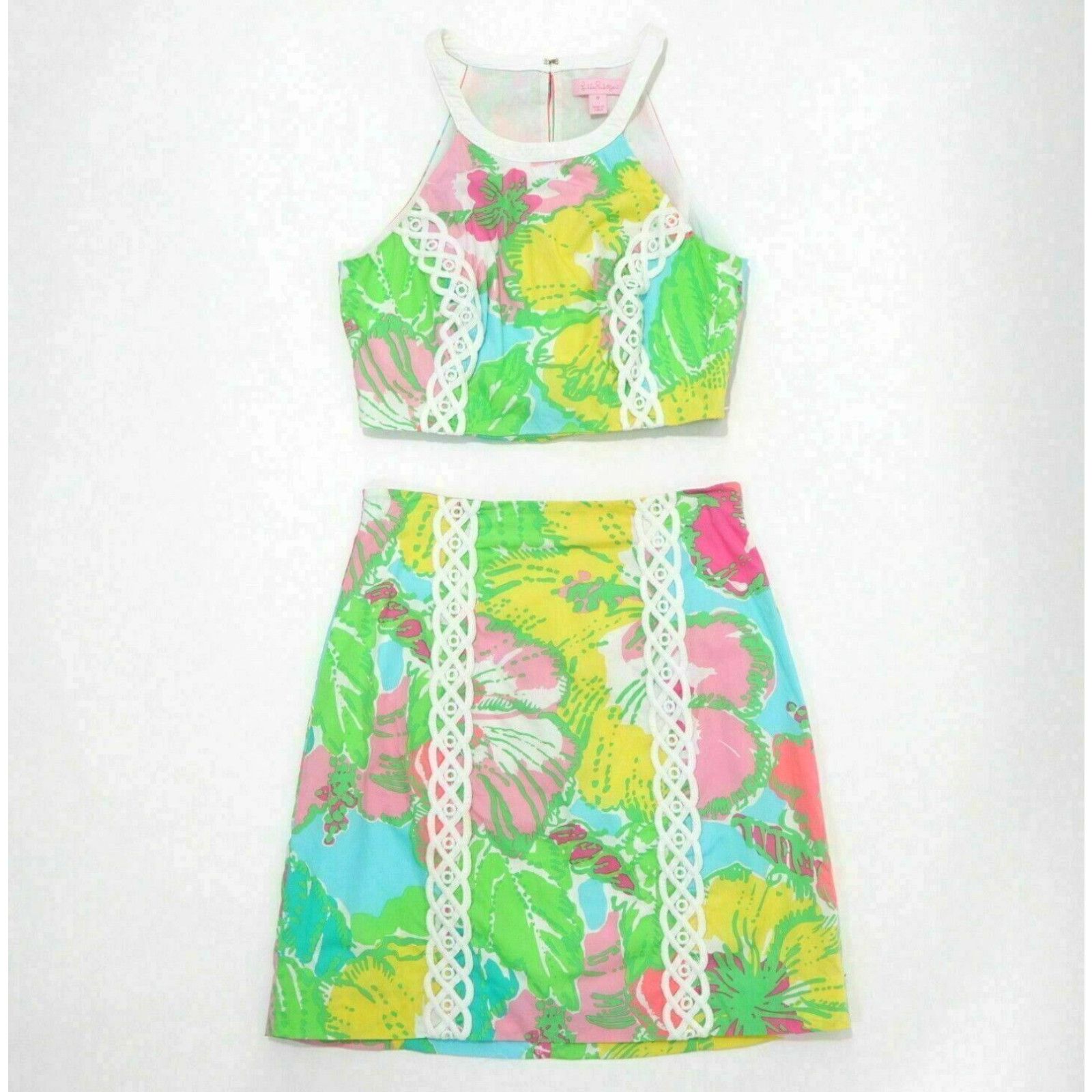 image of Lilly Pulitzer Crop Top Skirt Set Vanna Womens 0 Pink Yellow Green Floral in White (Size XS)