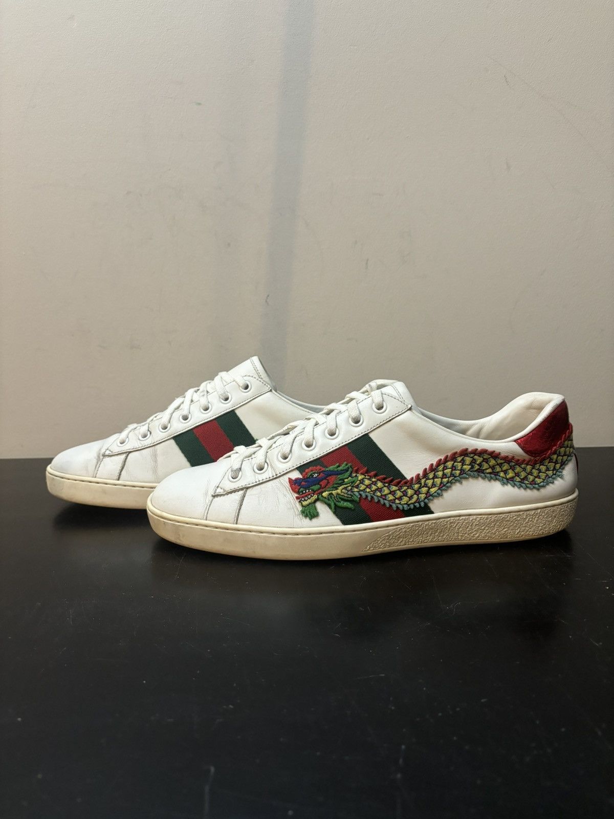 Gucci Stripe Dragon Embroidered Ace Leather Sneakers White