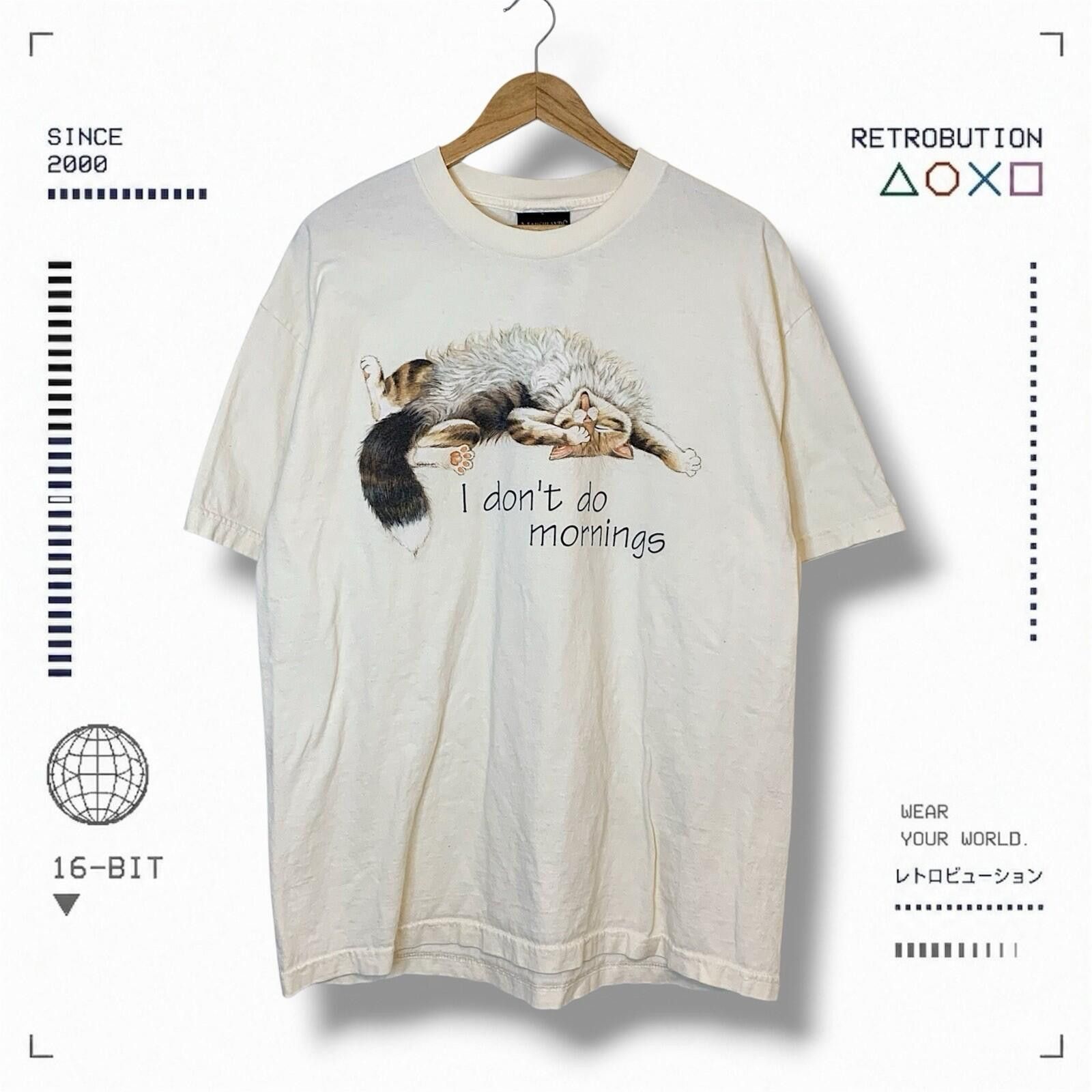 Vintage Vintage 90s Cat I Don’t Do Mornings Shirt White Size XL Size US XL / EU 56 / 4 - 1 Thumbnail