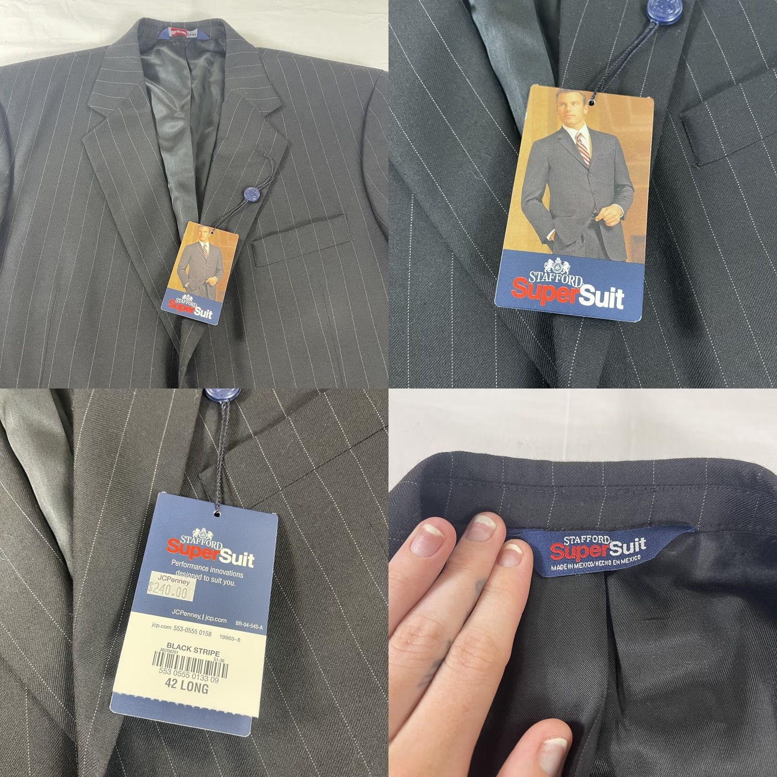 Stafford Stafford Blazer Sport Coat Jacket Black Striped Two-Button 42L Wool Polyester Spandex Notch Lapel Double-Vented Regular Chest 42 Mens NWT Size 42R - 9 Thumbnail