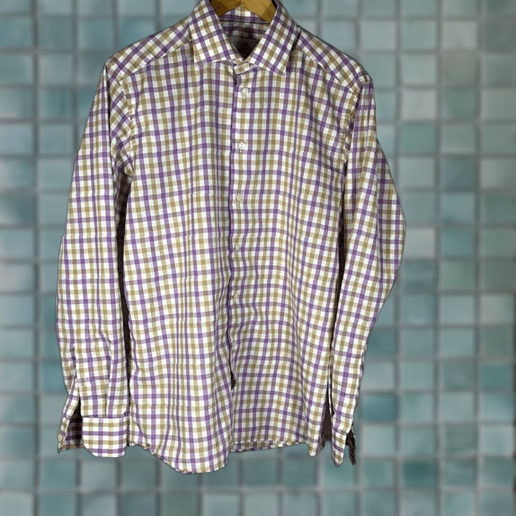 VINTAGE ETON Shirt Mens Slim Linen Blend Button Up Long Sleeve 41 16 Size Large Purple Brown Gingham Mens
