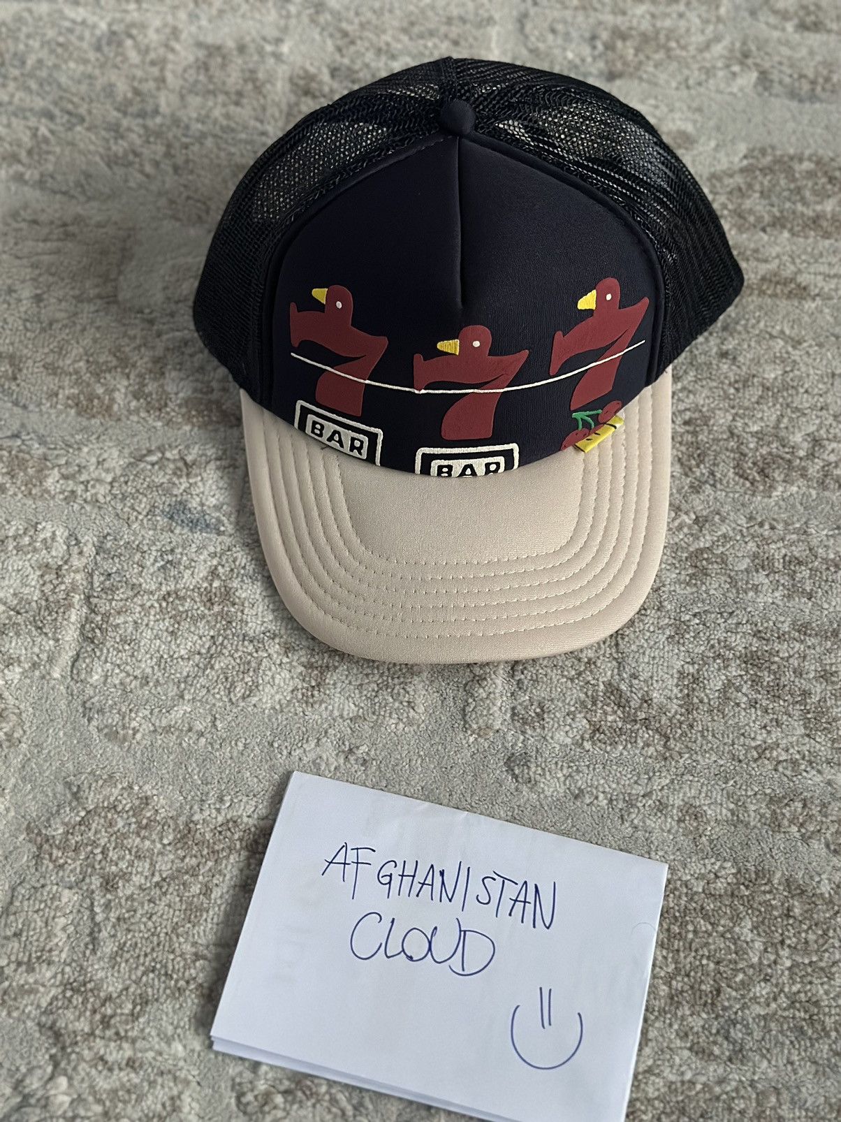 image of Kapital 777 Lucky Battery Bird Trucker Hat in Navy, Men's