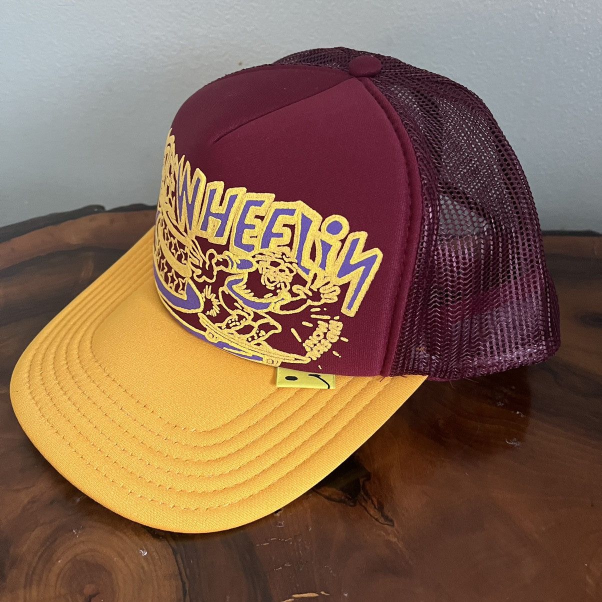 image of Kapital x Kapital Kountry Trucker Hat Free Wheelin’ in Burgandy, Men's