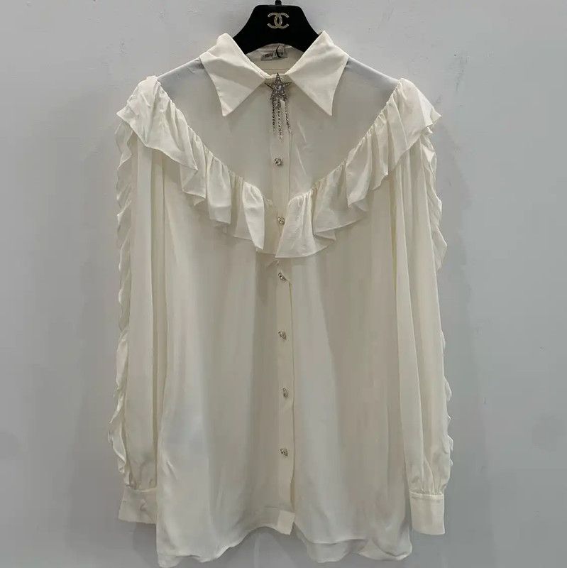 Miu Miu Miu Miu White Silk Ruffled Shirt 0089 Size L / US 10 / IT 46 - 1 Thumbnail