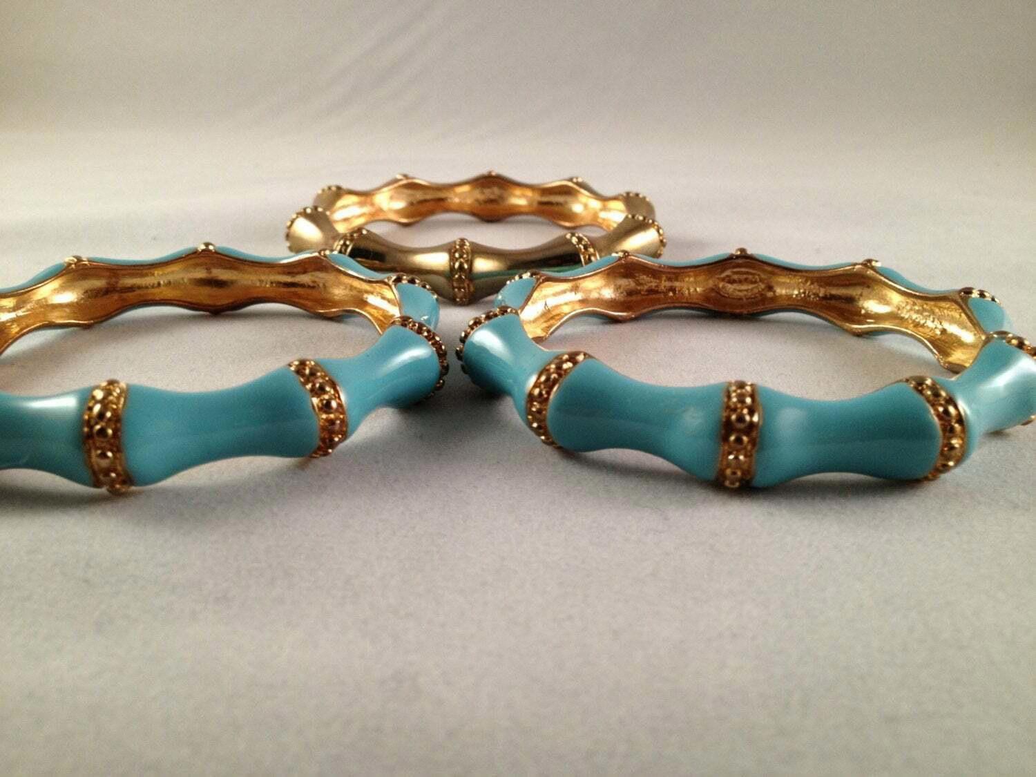 Designer Kenneth Lane 3 pc Bangle Set Simulated Bamboo Blue Enamel Size ONE SIZE - 3 Thumbnail