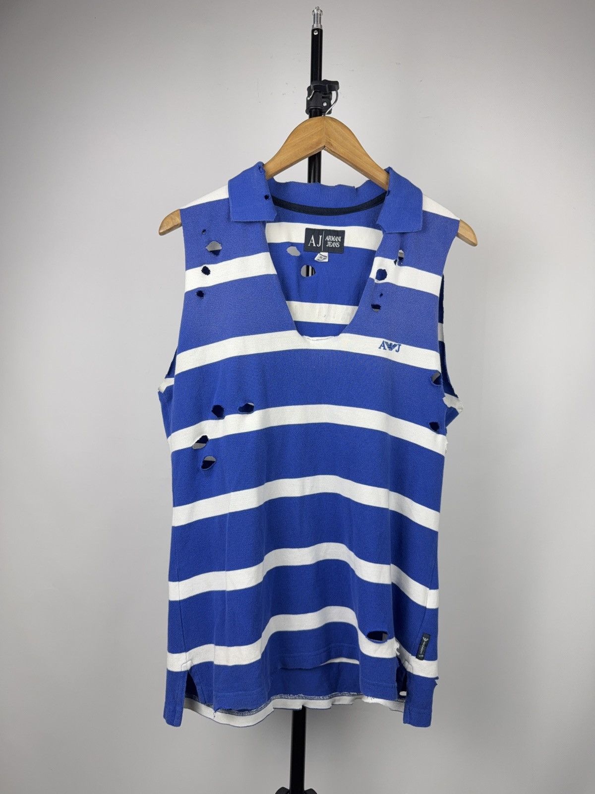 Armani Vintage 90s Armani Jeans Distressed Striped Polo Vest Y2K Size US L / EU 52-54 / 3 - 1 Thumbnail