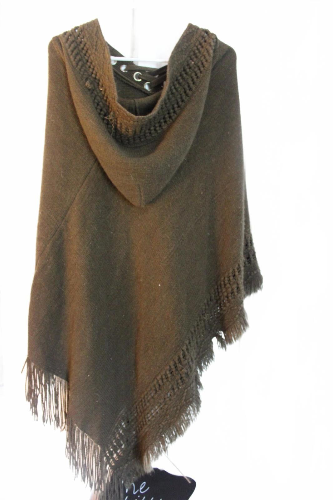 Unknown London Dark Green Knit Poncho w Fringe and Lace-up Neck One Size Size ONE SIZE - 4 Thumbnail