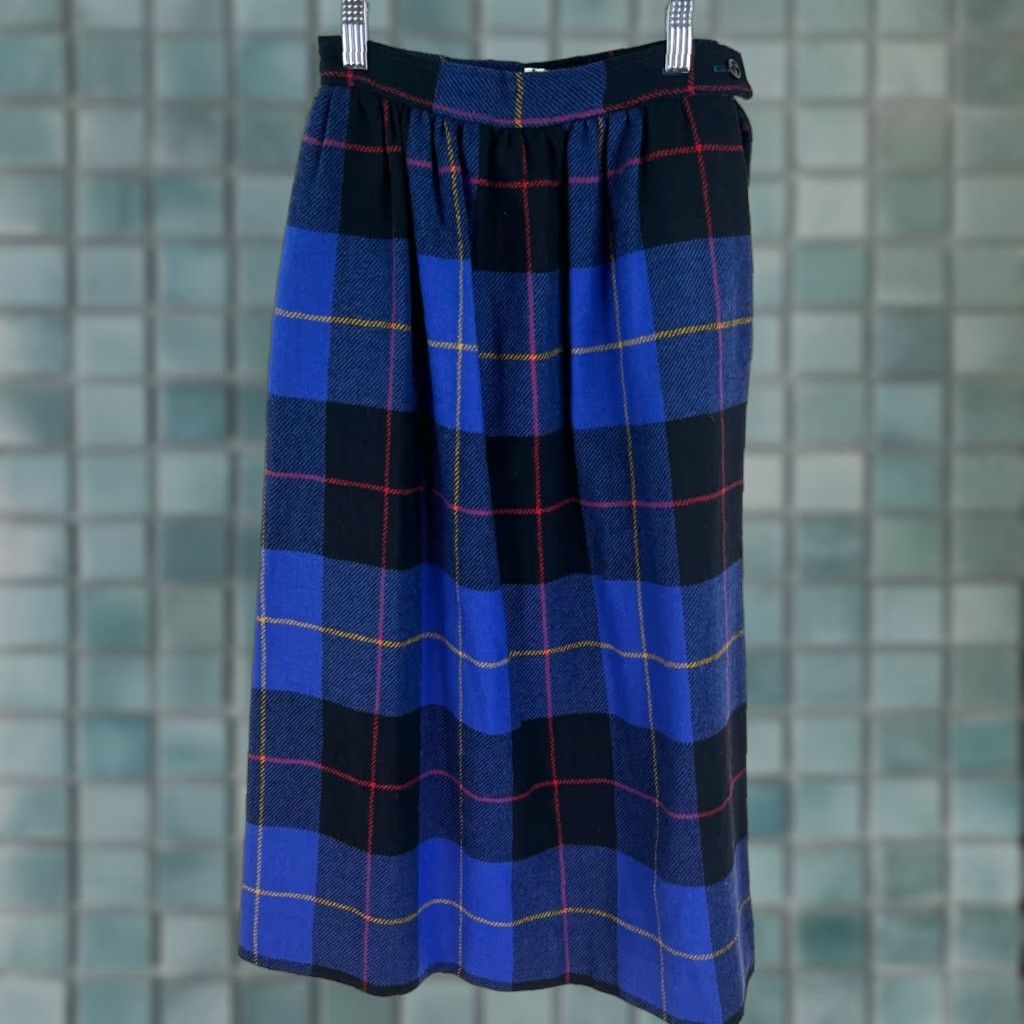 Vintage VINTAGE 100% WOOL Pleated A-Line Skirt - Blue Check Tweed Button Side Midi Women Size 4 USA Brand Unbranded Women Size 27" / US 4 / IT 40 - 1 Thumbnail