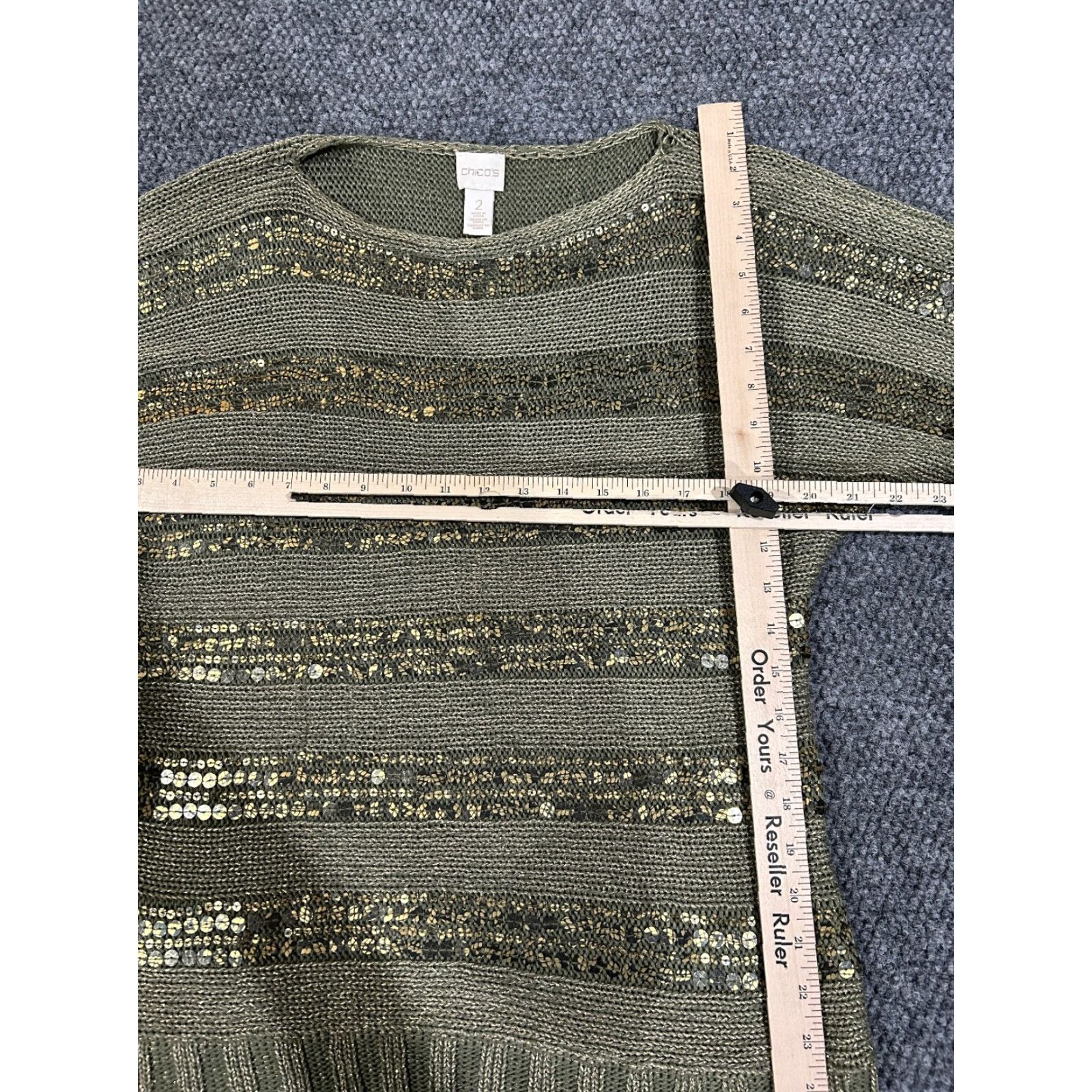 Vintage Chicos Sweater Womens 2 Green Gold Sequin Stripe Knit Metallic Short Sleeve Pullover Round Neck Knit Style Chunky-Knit Fashion Modern Mens? Size XS / US 0-2 / IT 36-38 - 5 Thumbnail