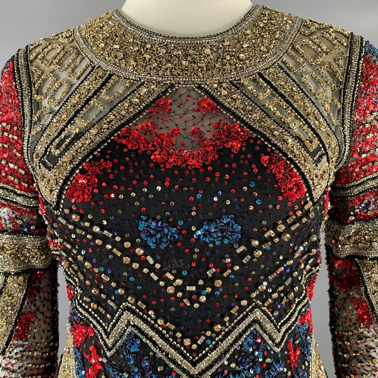Naeem Khan Size 8 Silver Red & Blue Sequined Midi Cocktail Dress Size M / US 6-8 / IT 42-44 - 2 Thumbnail