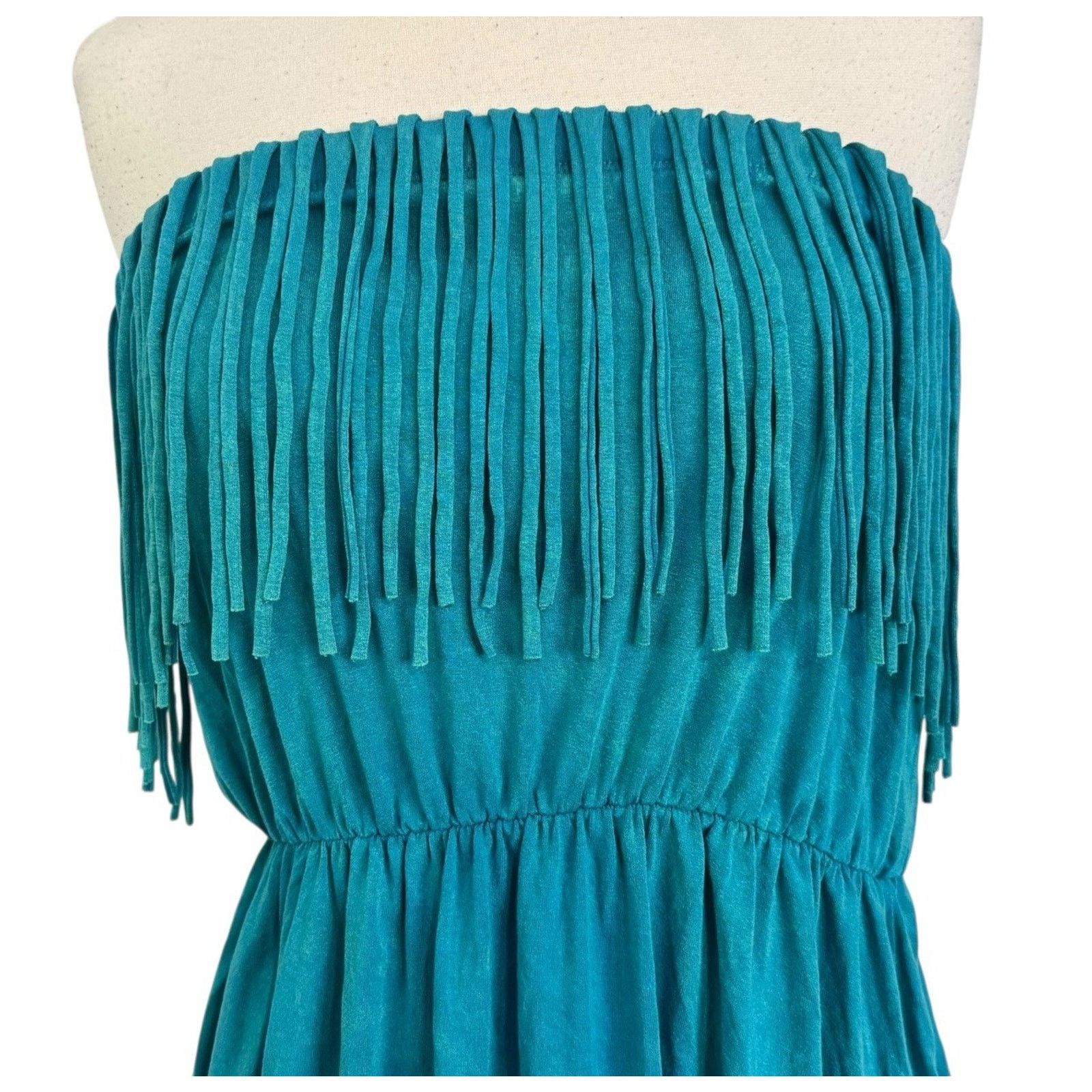 Other VTG T PARTY 90s Y2K Turquoise Fringe Mini Strapless Dress Size L / US 10 / IT 46 - 4 Thumbnail