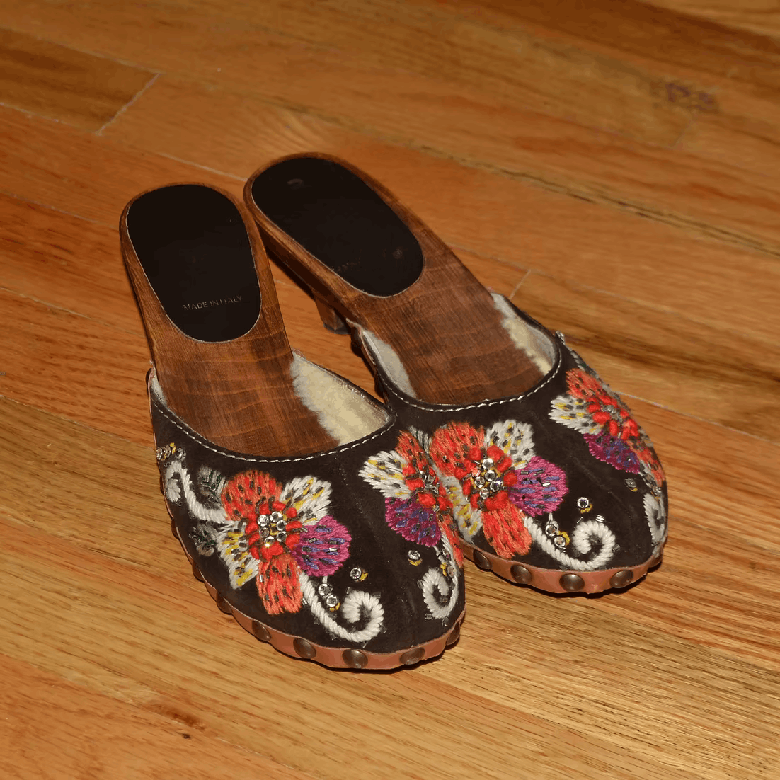 Miu Miu Early 2000s Embroidered Shearling-Lined Clogs Size US 7 / IT 37 - 1 Thumbnail