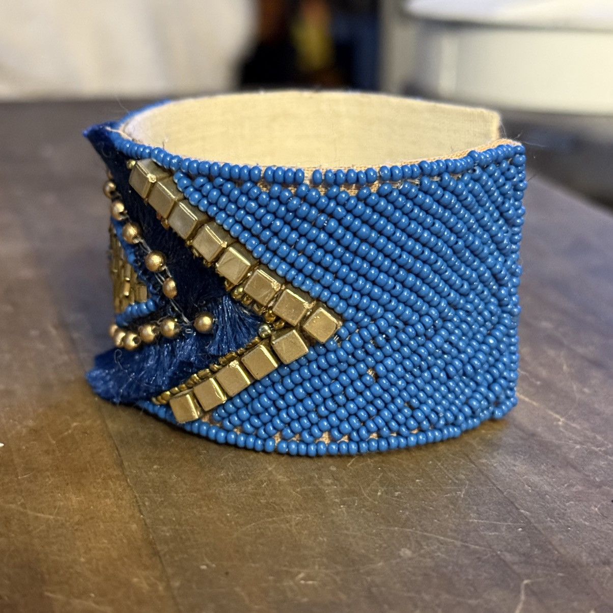 Other Handmade blue and gold beaded evil eye wide cuff bracelet Size ONE SIZE - 6 Thumbnail