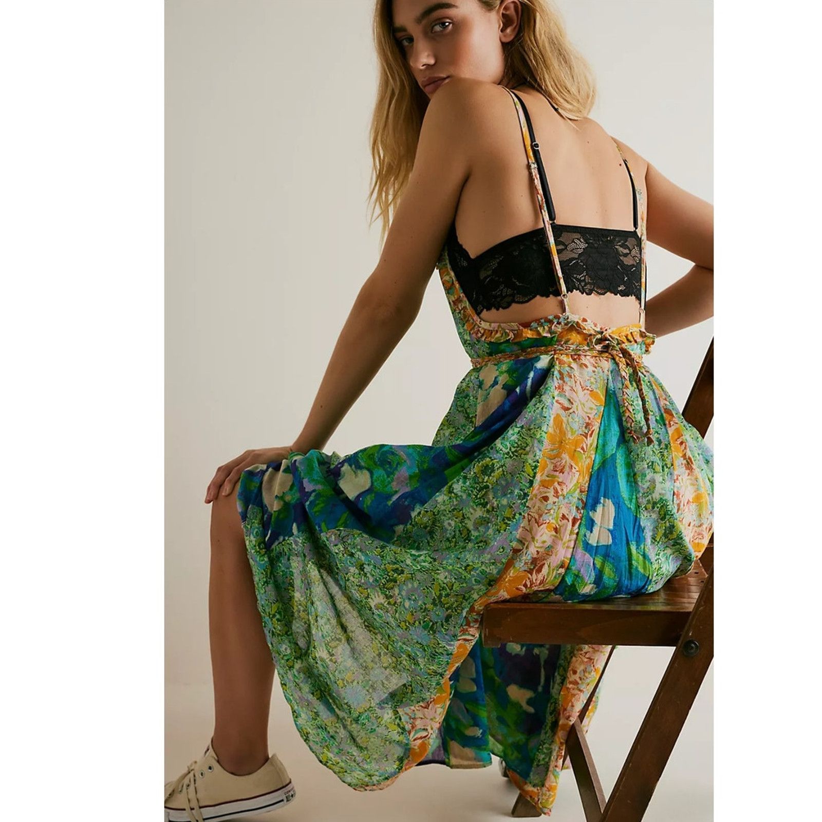 french green salad dressing Green Embroidered High-Low Maxi Dress main image 1