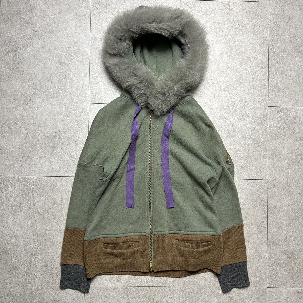 image of Undercover Faux Fur Zip Hoodie in Khaki, Men's (Size Small)