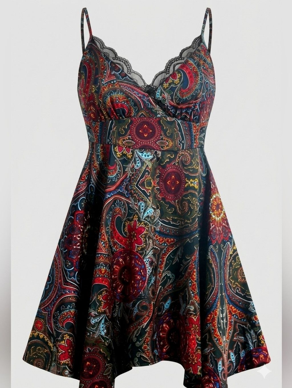 Shein Boho Paisley Print Smocked Mini Dress Lace Trim Strappy Size L / US 10 / IT 46 - 1 Thumbnail