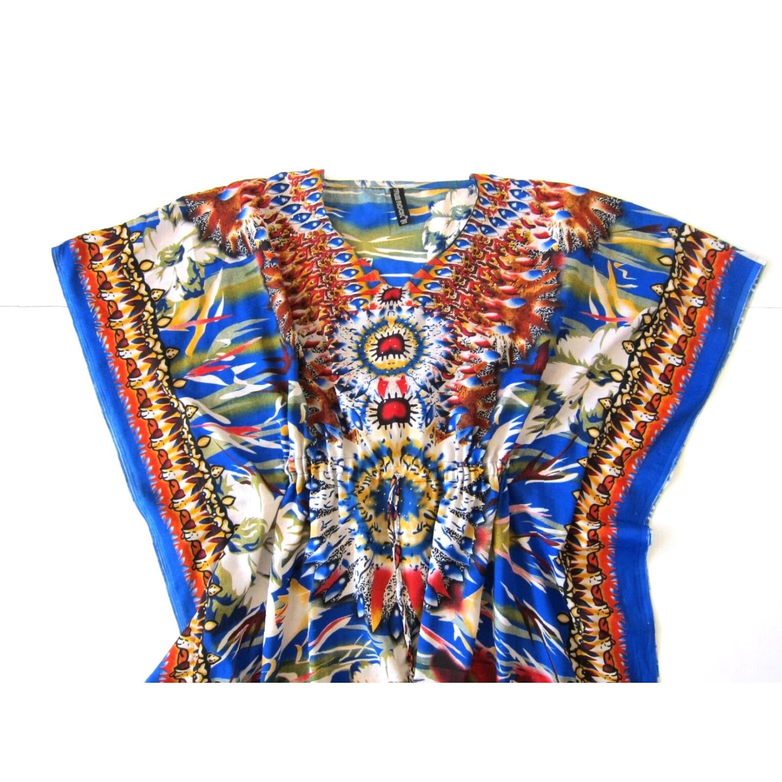 Vintage VINTAGE True Rock Floral Blue Red Green V-Neck Long Maxi Kaftan Tunic Muumuu Dress OS Dress for Women Size ONE SIZE - 3 Thumbnail