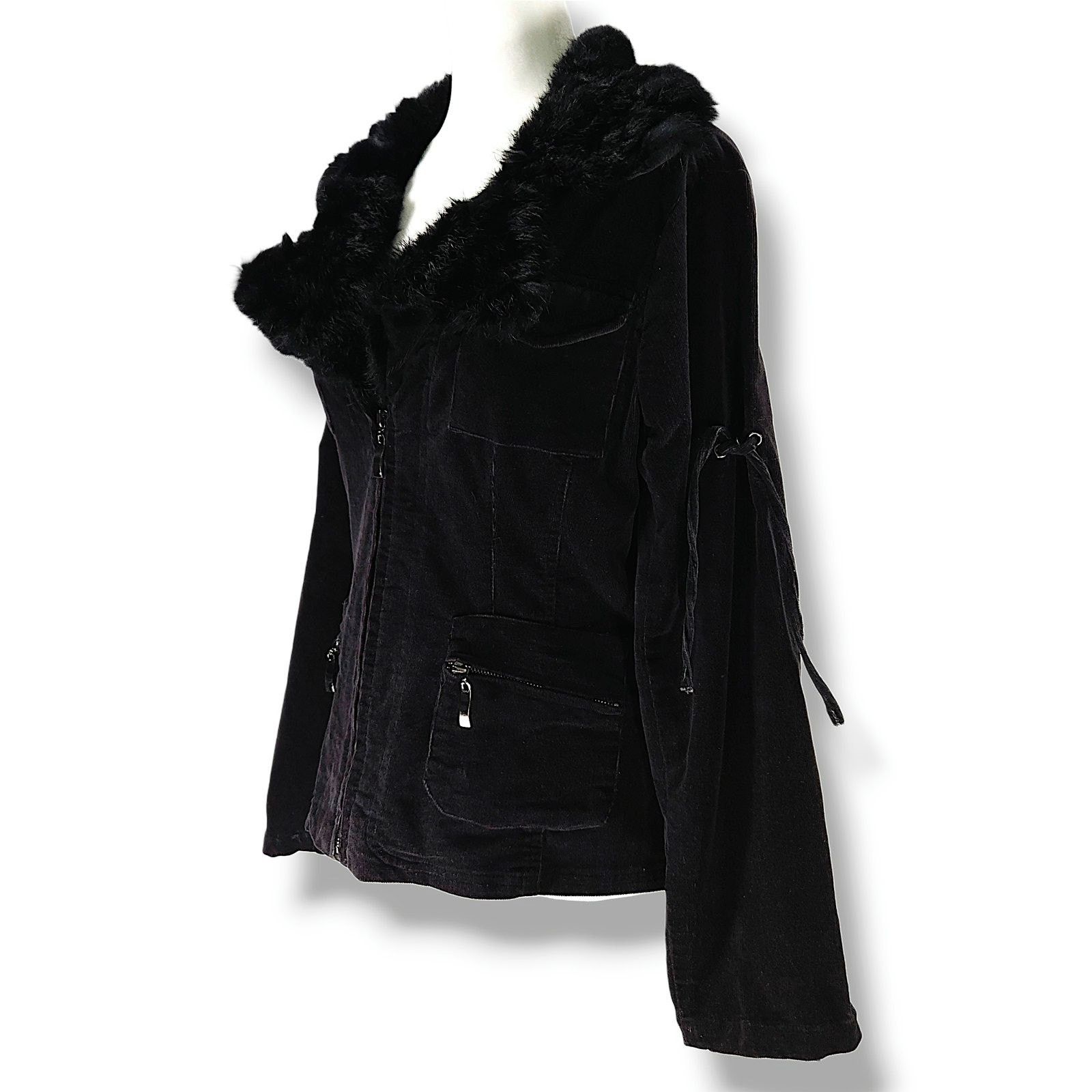 Other Jennyfer.J Corduroy Jacket Rabbit Fur Trim Black Y2K M Size M / US 6-8 / IT 42-44 - 2 Thumbnail