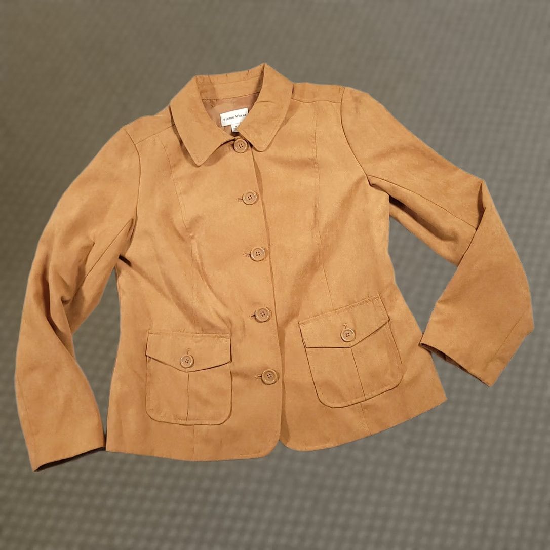 Vintage Studio Works Faux Suede Button Up Shirt Women's 8 Tan Long Sleeve Collared Lined Shirt Size M / US 6-8 / IT 42-44 - 1 Thumbnail