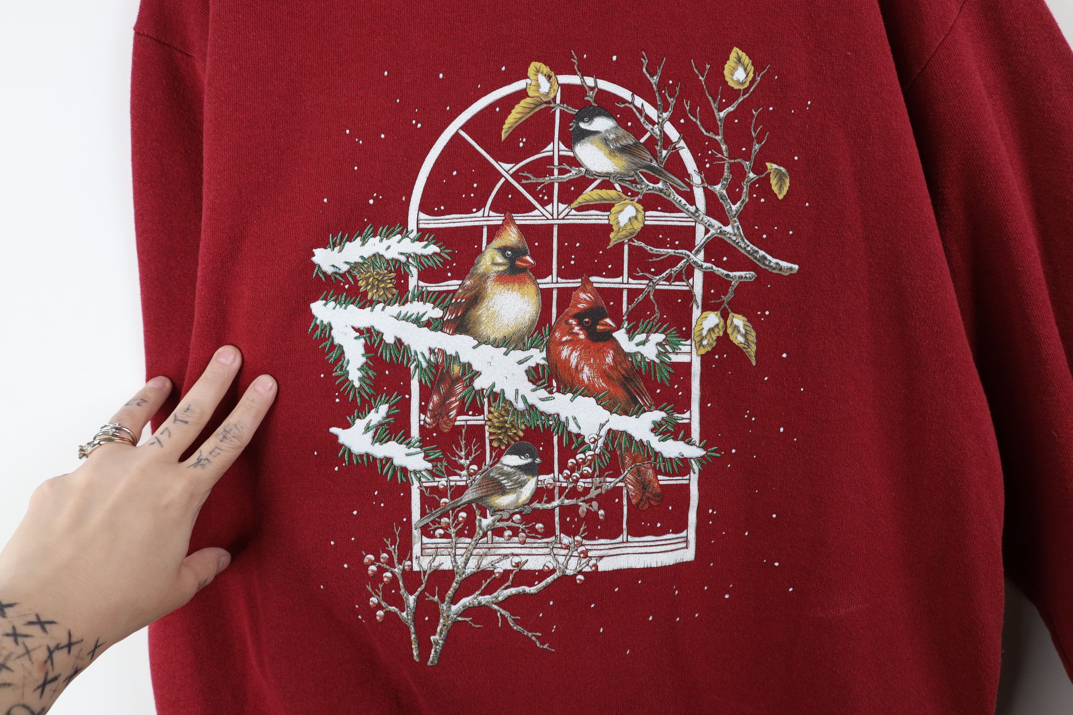 Vintage Vintage 90s Streetwear Nature Snow Birds Sweatshirt Red USA Size L / US 10 / IT 46 - 4 Thumbnail