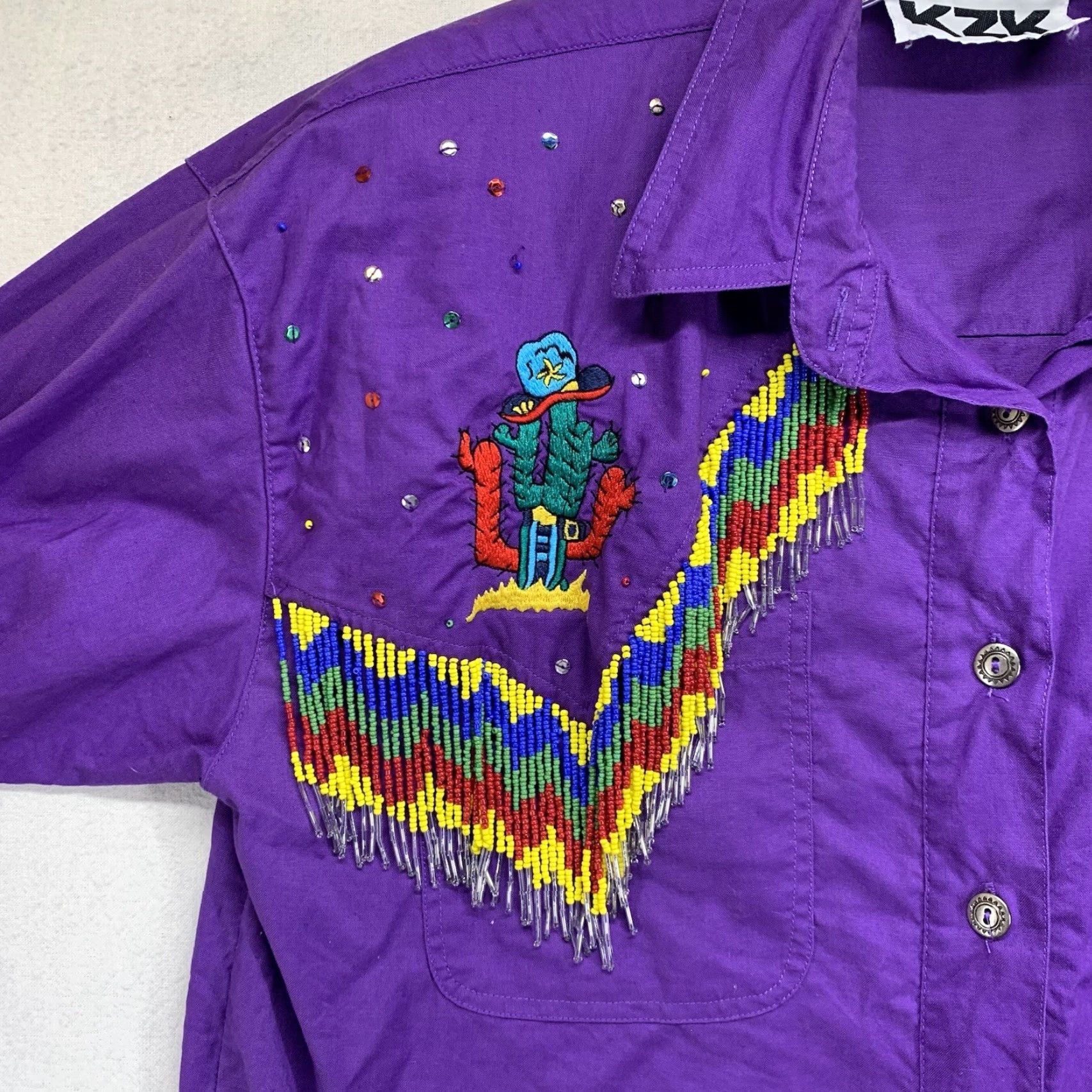 Vintage VINTAGE KZK Western Shirt Women Medium Purple Beaded Embroidered Cowgirl 90s Western-style Size M / US 6-8 / IT 42-44 - 5 Thumbnail