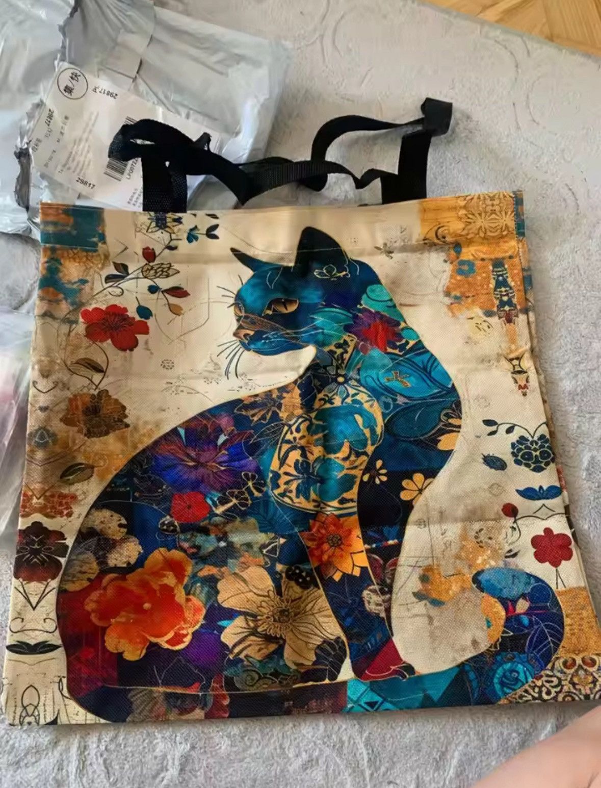 Japanese Brand Floral Cat Pattern Tote Bag, Aesthetic Canvas School Size ONE SIZE - 4 Thumbnail
