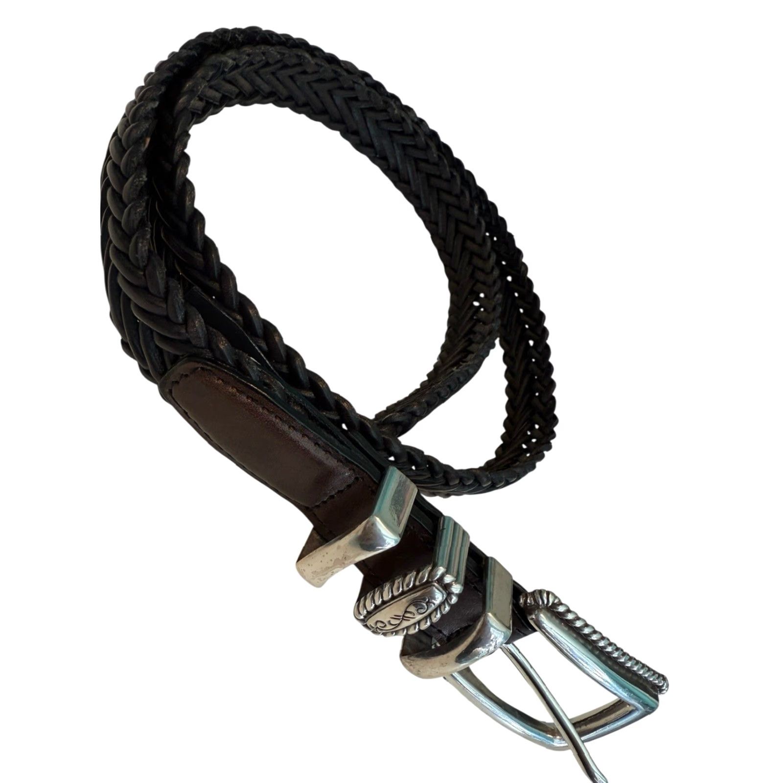 Brighton VINTAGE Brighton Black Leather Woven Belt Women’s Size 30 (M) EUC Q2003 Buckle Adjustable 1” Wide Mens Womens Girls Boys Size ONE SIZE - 2 Thumbnail