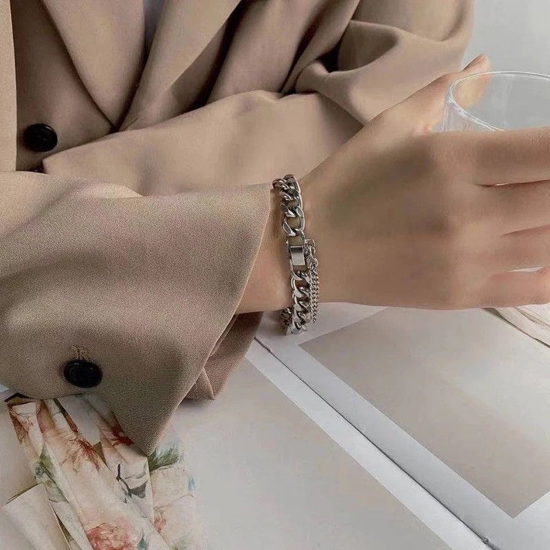 Jewelry × Vintage Stainless Steel Metal Chains Bracelet Cuban Link Wristband Size ONE SIZE - 6 Thumbnail