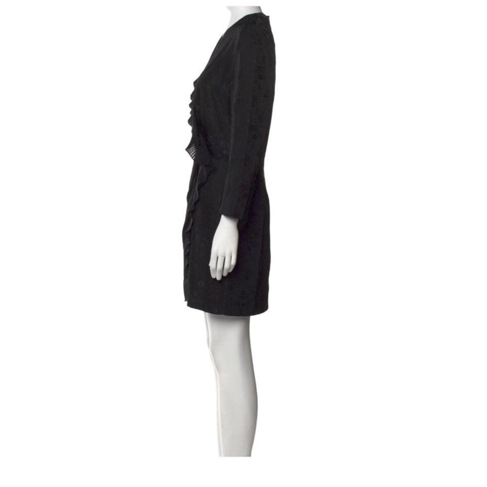 Sandro Sandro Black V-Neck Wrap Mini Dress Puff Sleeve Textured Size M / US 6-8 / IT 42-44 - 2 Thumbnail
