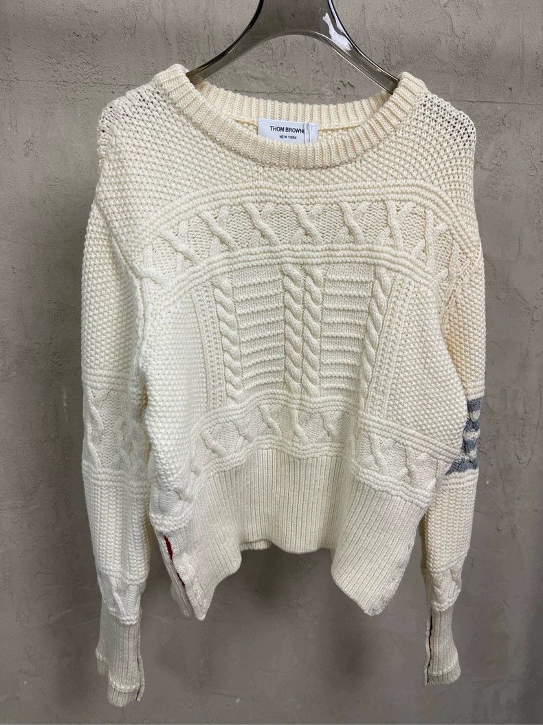 Thom Browne Thom Browne Beige four-striped jacquand round-neck wool swe Size US M / EU 48-50 / 2 - 4 Thumbnail