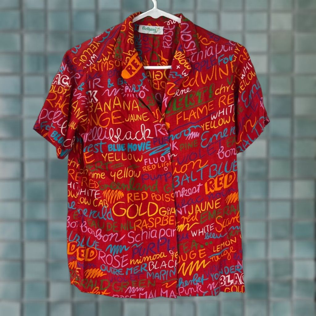 Vintage Bethany Men Shirt Notch Collar Red Short Sleeve M Hawaiian Letter Print Button-Up 24in/18in Chest Mens Size US M / EU 48-50 / 2 - 1 Thumbnail