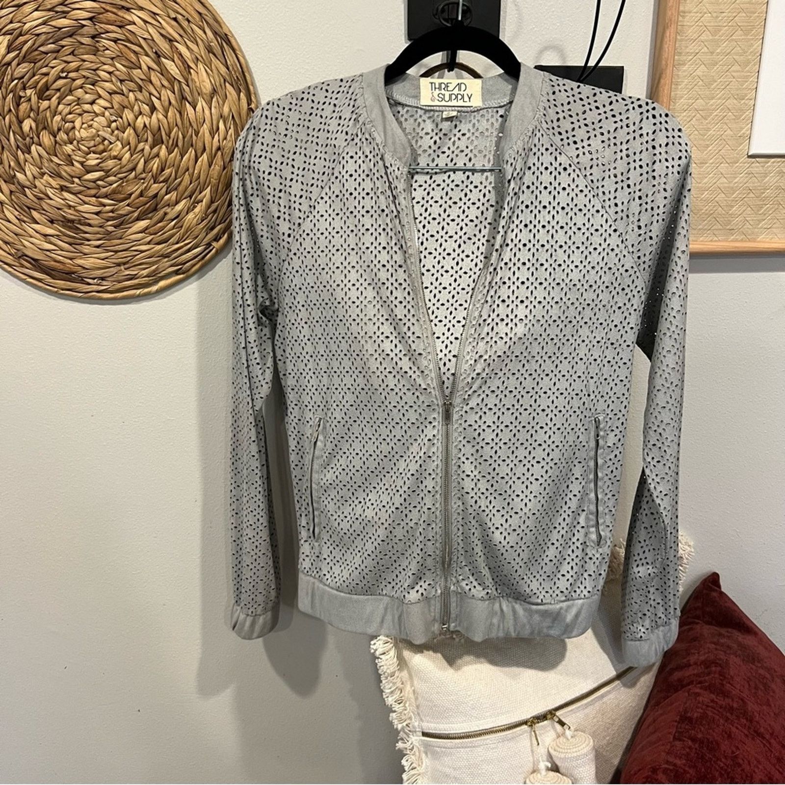 Other Thread & Supply Gray Suede Bomber Jacket Floral Cut Out Size S / US 4 / IT 40 - 1 Thumbnail