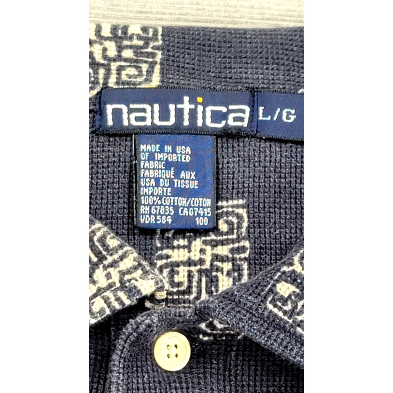 Nautica VINTAGE Nautica Polo Shirt Tribal 90s Blue L Men Short Sleeve Cotton Button Closed Collared Geometric AOP RARE USA Made Shirt Mens Size US L / EU 52-54 / 3 - 5 Thumbnail