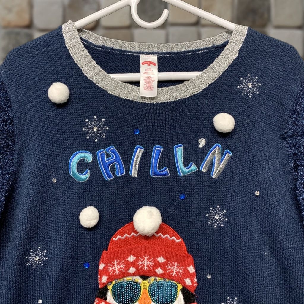 Vintage Holiday Time Women's Large Blue CHILL'N Embellished Warm Winter Sweater - Crew Neck, Long Sleeve, Knit, Pullover, 12-14, Regular, Vintage: No, Hoodie? Size L / US 10 / IT 46 - 1 Thumbnail