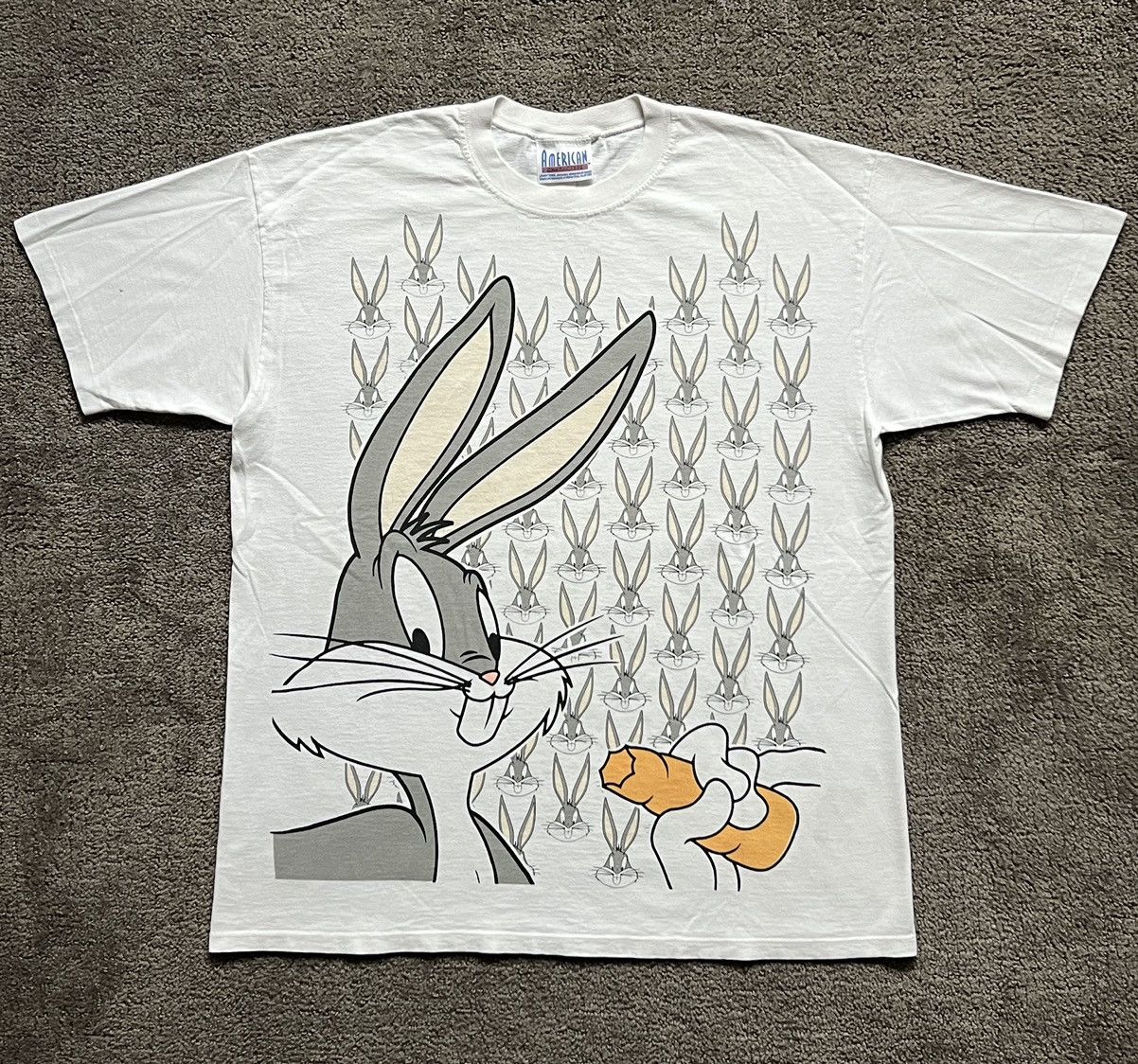 image of 1994 Single Stitch Bugs Bunny Vintage All Over Print Art Tee in White, Men's (Size XL)